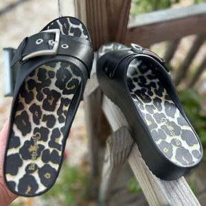 Black Dress Sandals w/ leopard print on inside